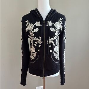 Free People Black Hoodie with White Floral Embroidery Cotton Sweatshirt Size M